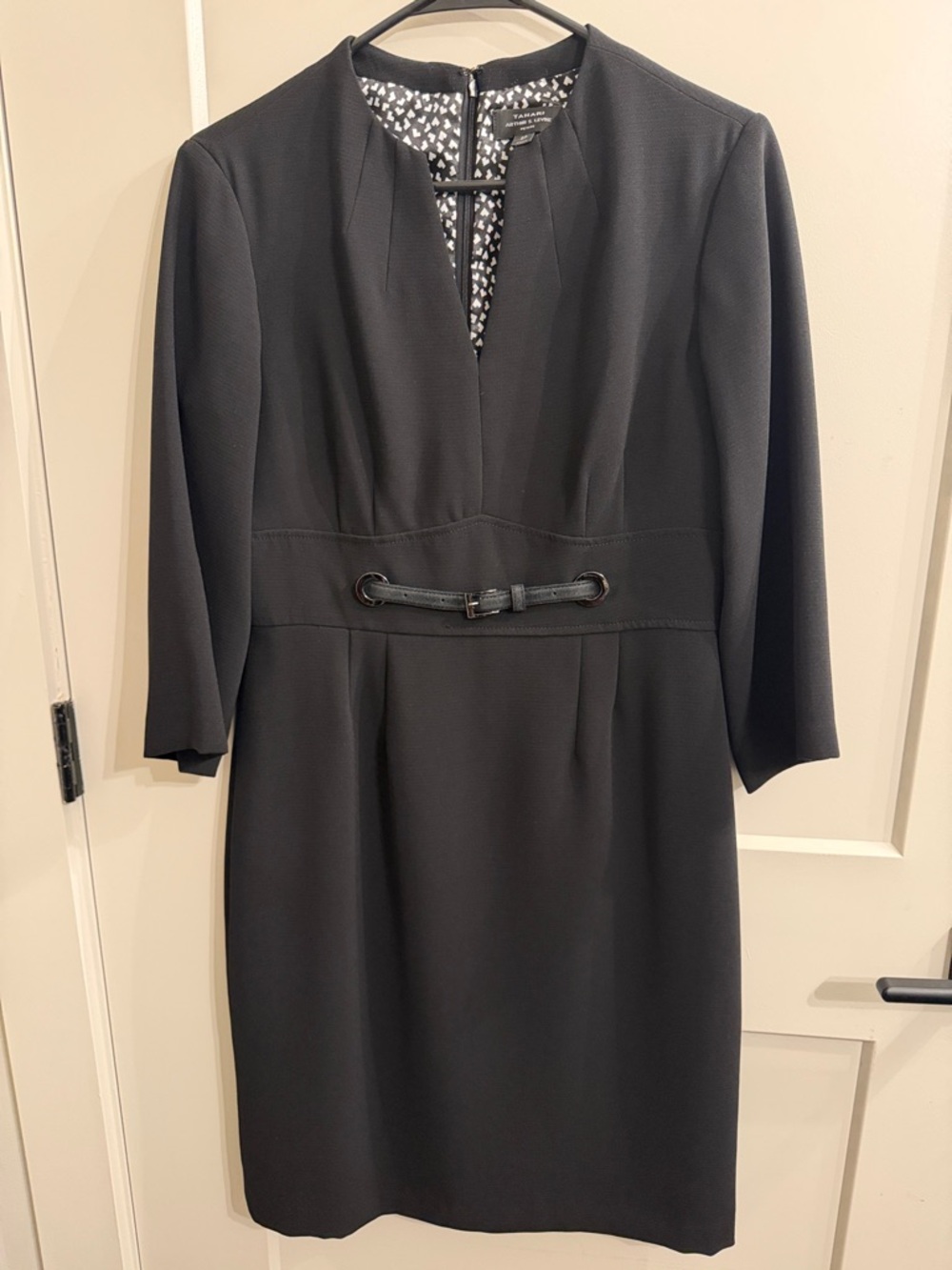 Tailored Black Midi Dress with Belt Accent